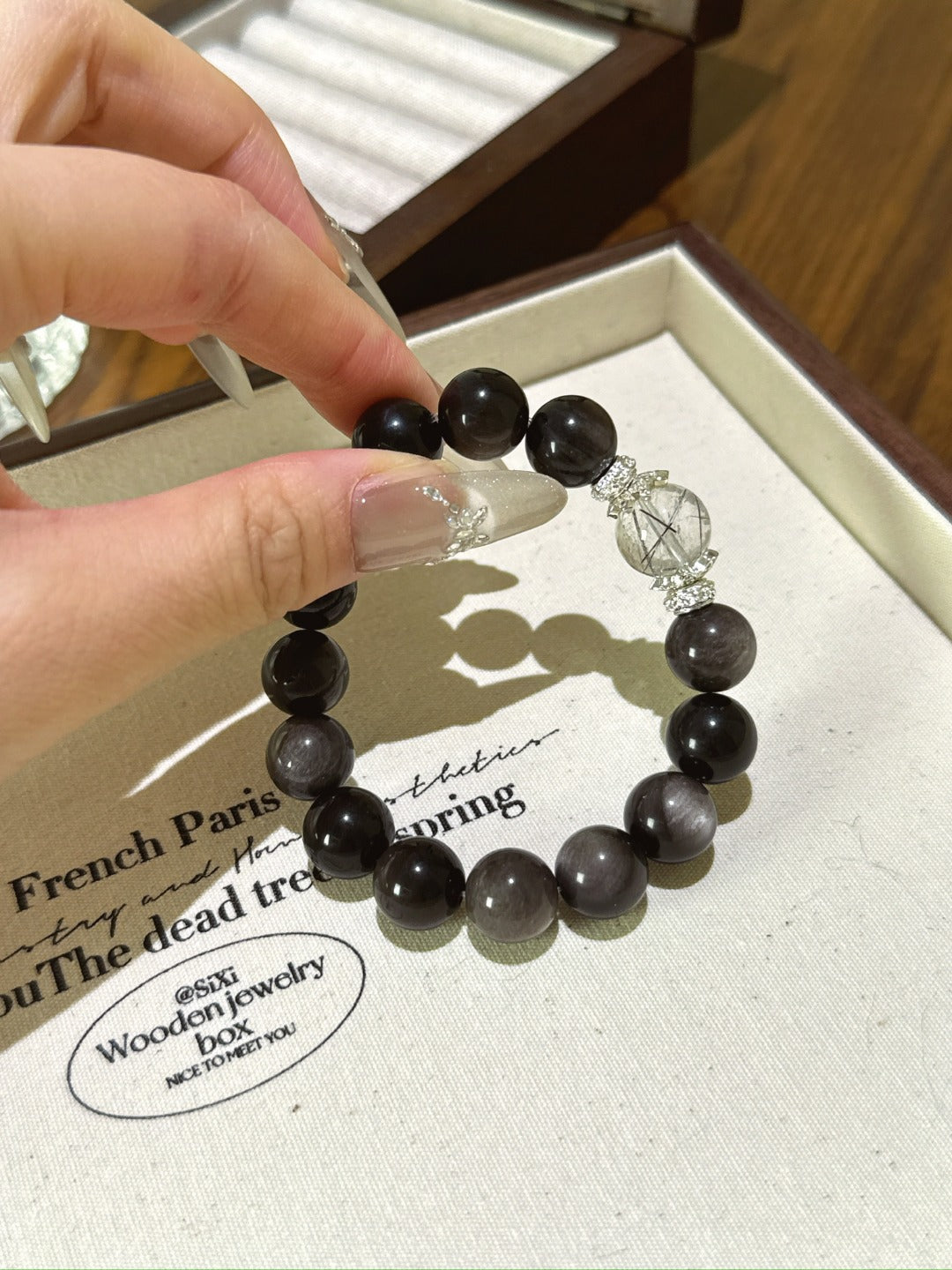 ▫️▪️ Silver obsidian black hair crystal bracelet